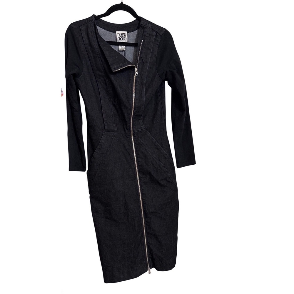 Prairie Underground Black Denim Asymmetrical Zip Midi Dress Womens Medium USA